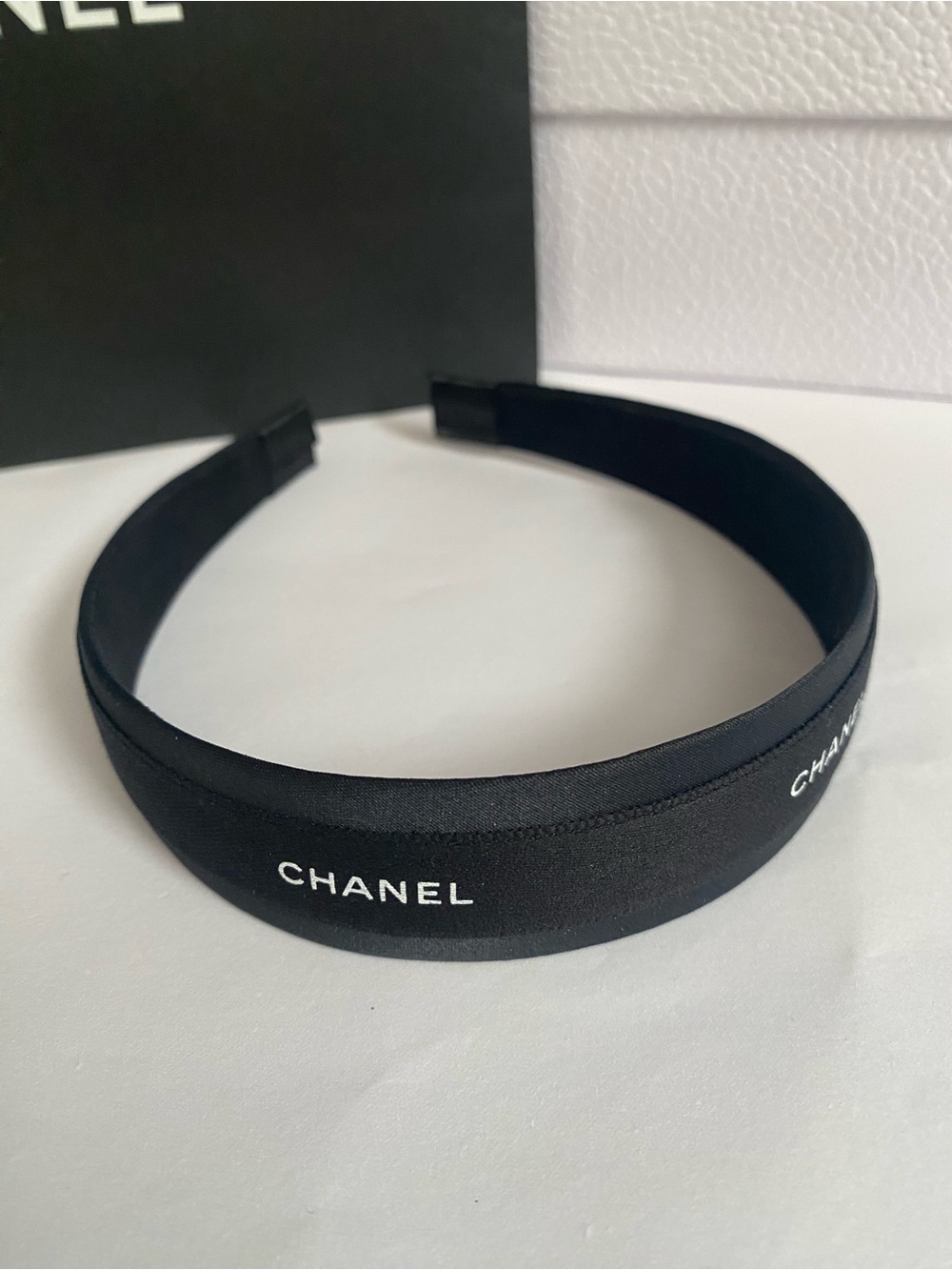 CHANEL Ribbon Black Satin Logo Headband